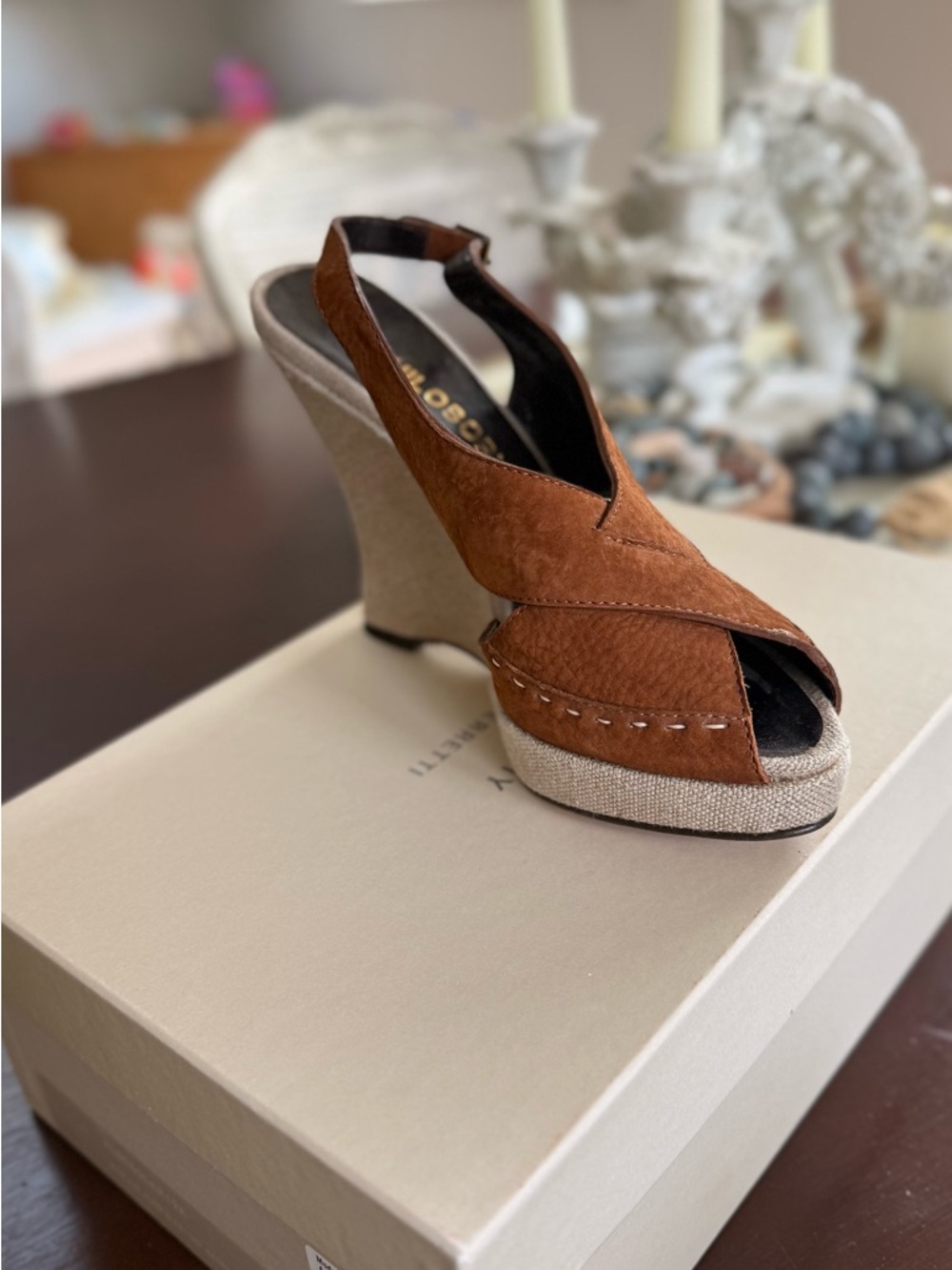 Philosophy di Alberta Ferretti Brown Suede and Linen-Trim Wedge Sandal - Picture 2 of 5